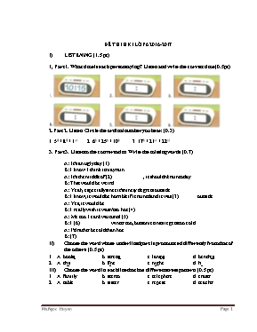 Đề thi học kì I Tiếng anh lớp 6 - Năm học 2016-2017
